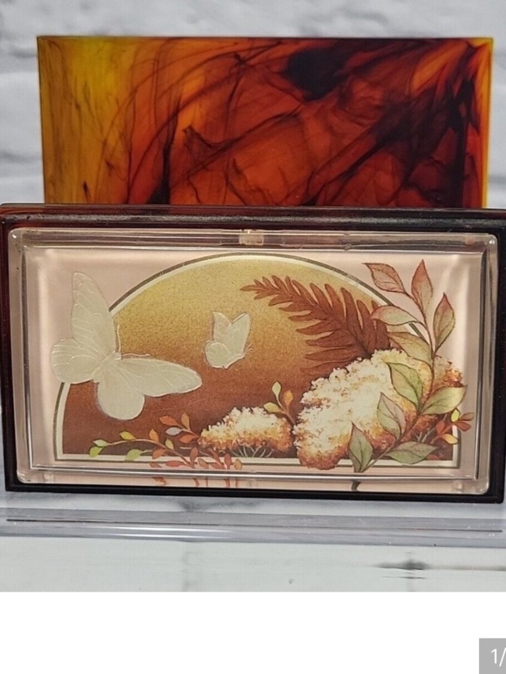 Vintage business cards or envelope holder, butterfly floral design marble lucite